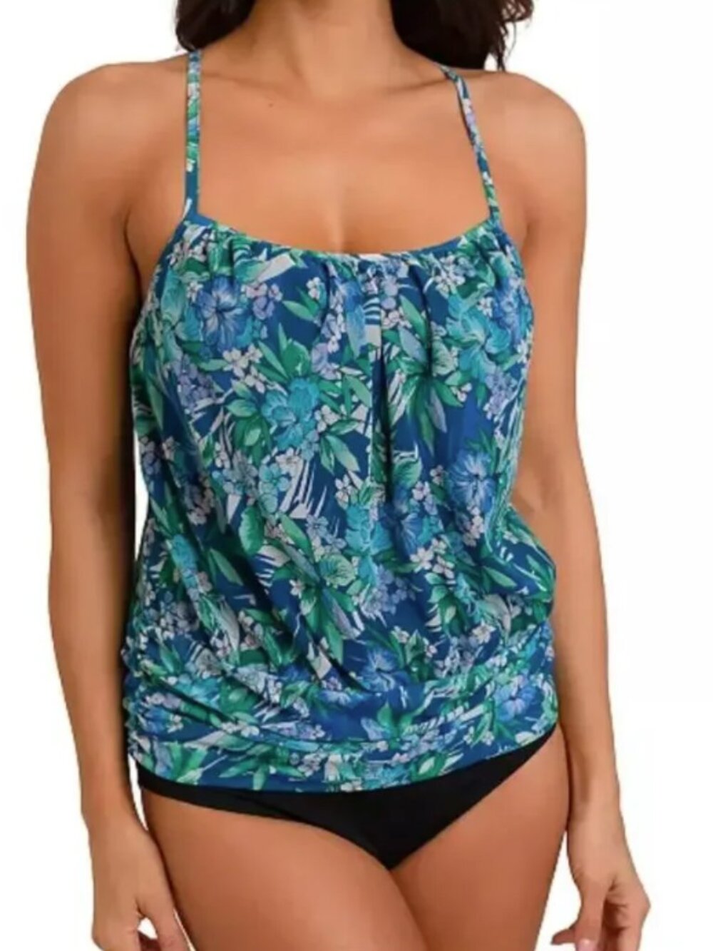 Fit 4 U Tropical Floral Tankini Top Blue Racerback Blouson Swimwear 18 NWT